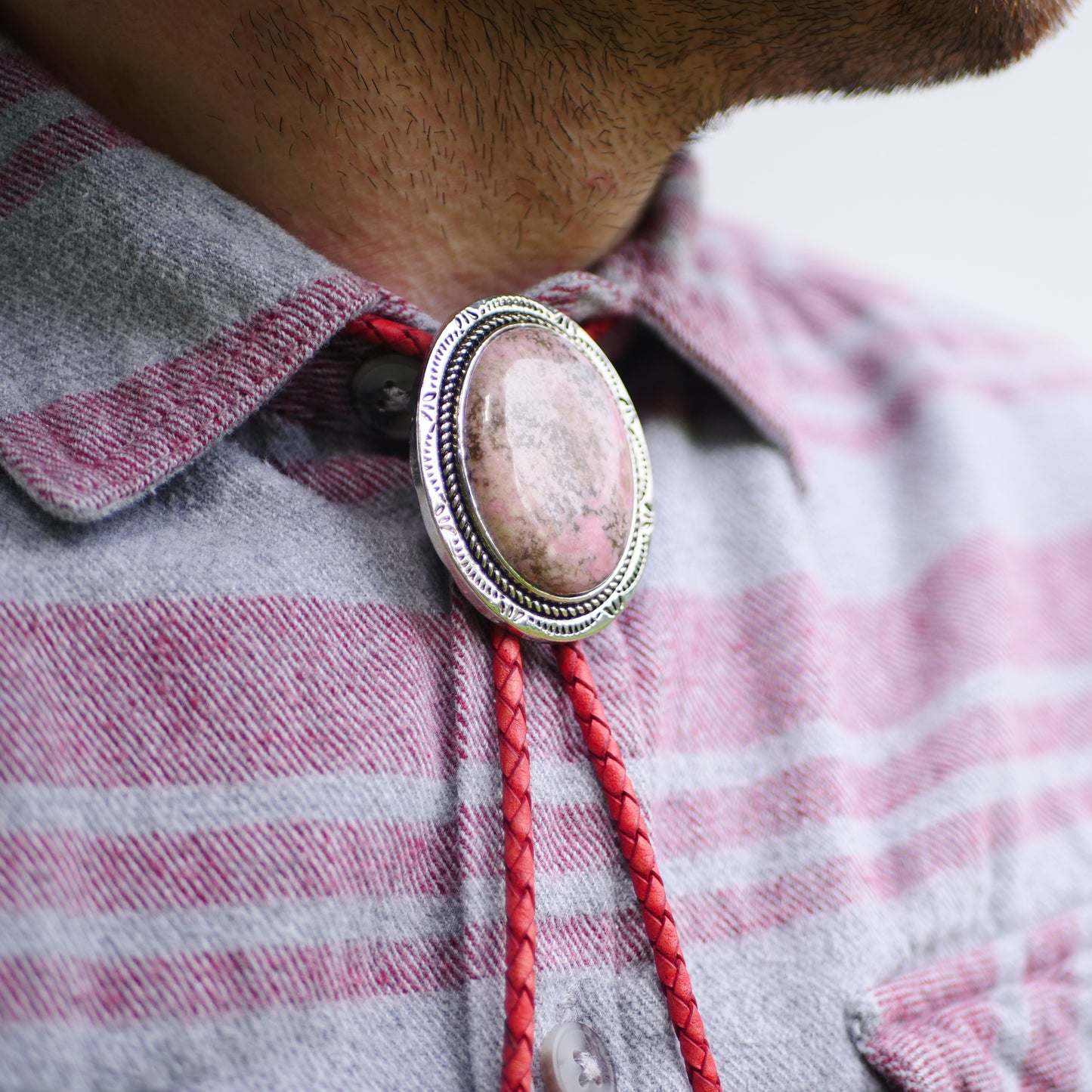 Pink Rhodonite Stone Bolo Tie