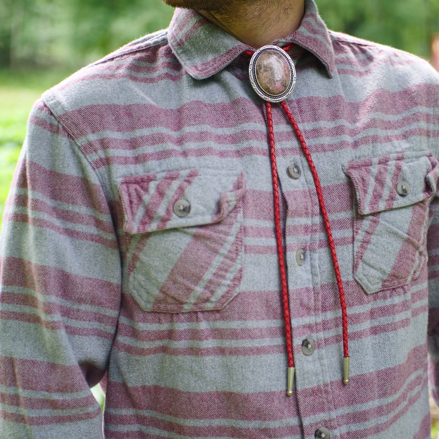Pink Rhodonite Stone Bolo Tie