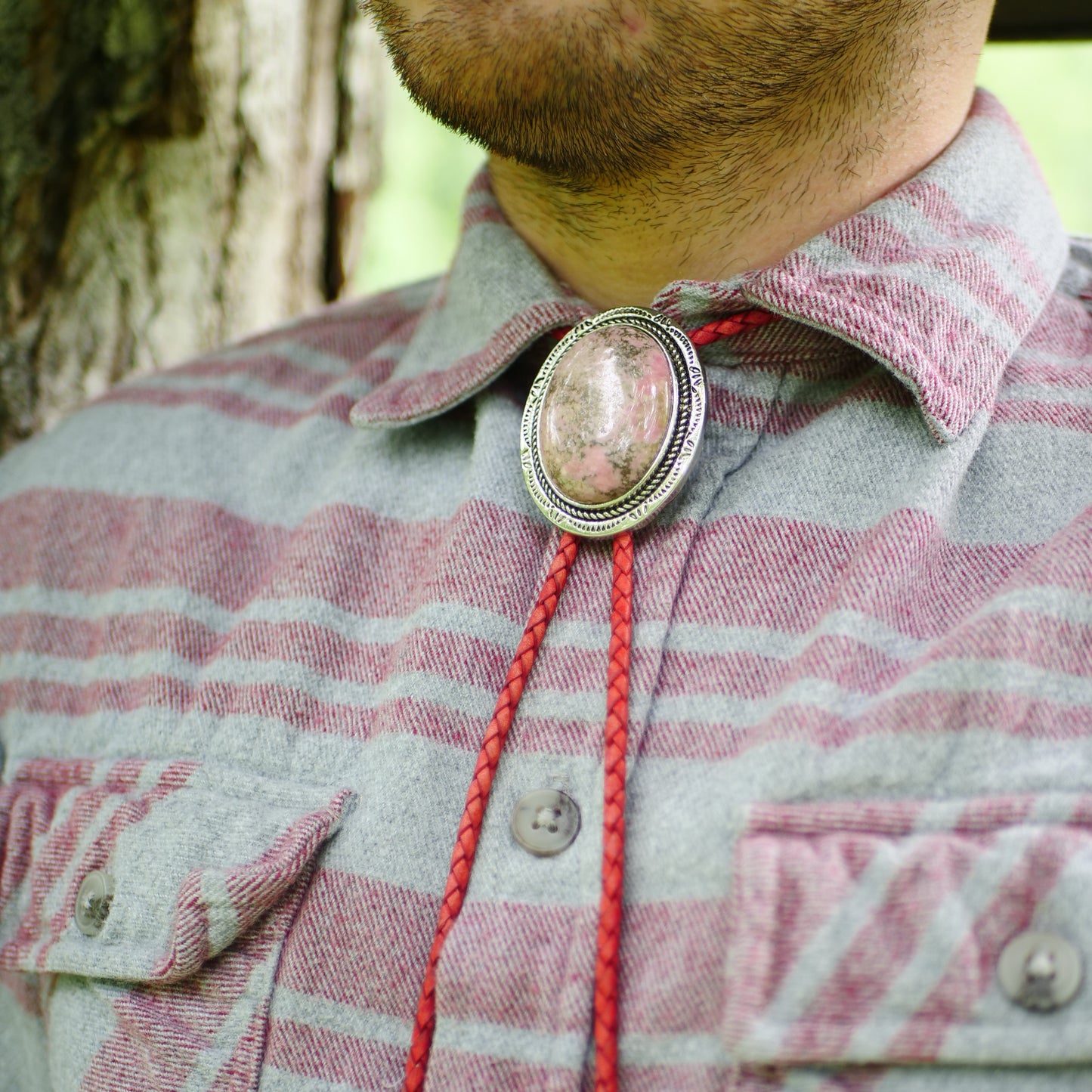 Pink Rhodonite Stone Bolo Tie