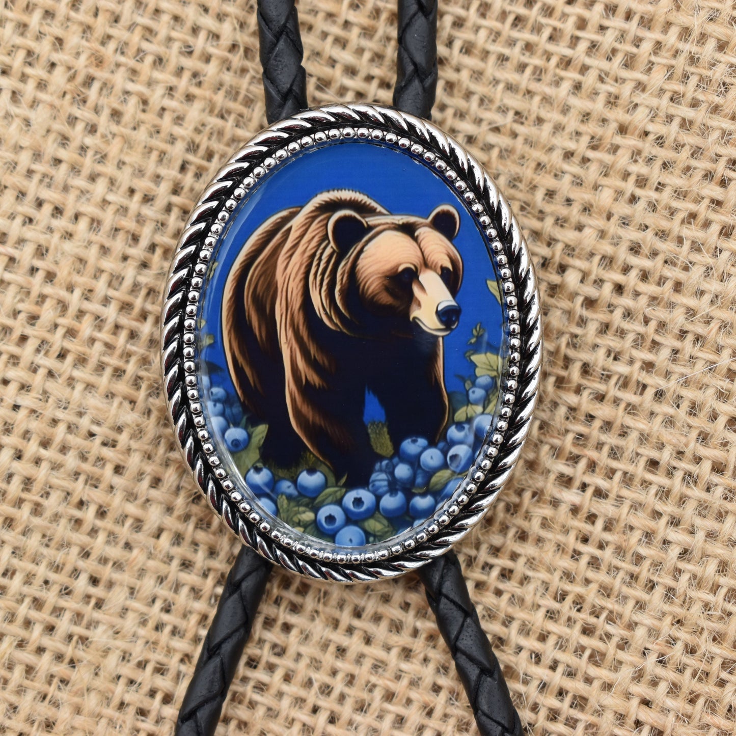 picture pendant,western wedding tie,handmade bolo tie,bola string bolo tie,western lariat bolo,mens bolo tie man,womens ladies bolo,custom personalized,black tie brown tie,brown bear bolo tie,black bear blueberry,blueberry picking,alaska grizzly bear