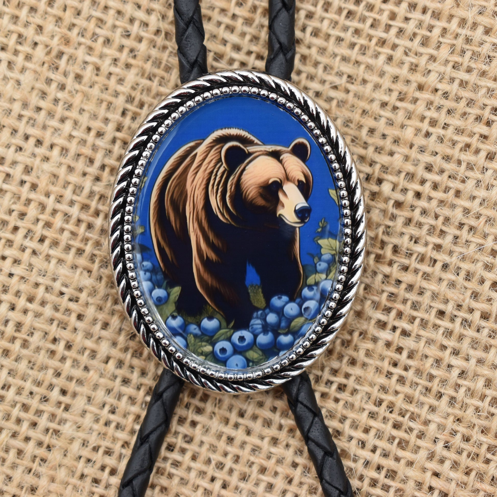 picture pendant,western wedding tie,handmade bolo tie,bola string bolo tie,western lariat bolo,mens bolo tie man,womens ladies bolo,custom personalized,black tie brown tie,brown bear bolo tie,black bear blueberry,blueberry picking,alaska grizzly bear