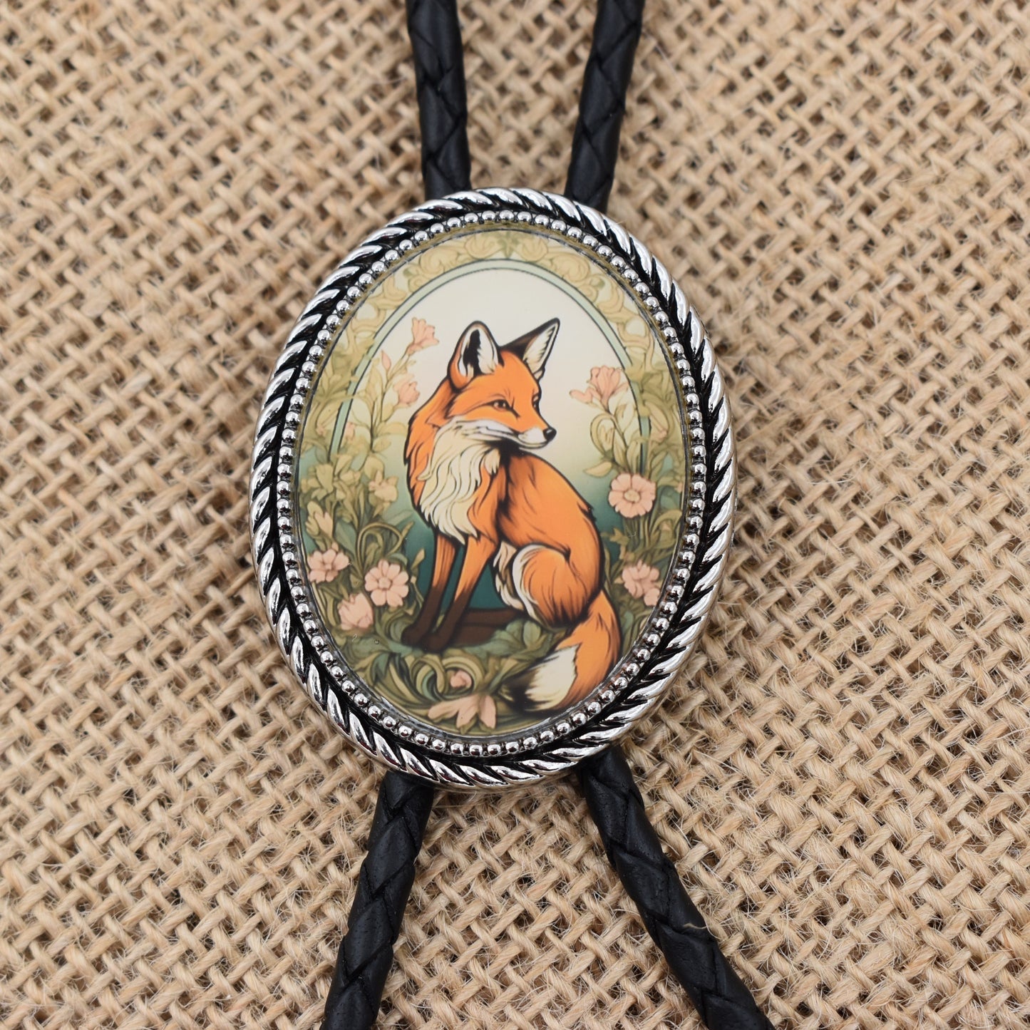 picture pendant,western wedding tie,handmade bolo tie,bola string bolo tie,mens bolo tie man,womens ladies bolo,custom personalized,black tie brown tie,red fox bolo tie,art noveau,fox jewelry,cute fox,cottagecore boho
