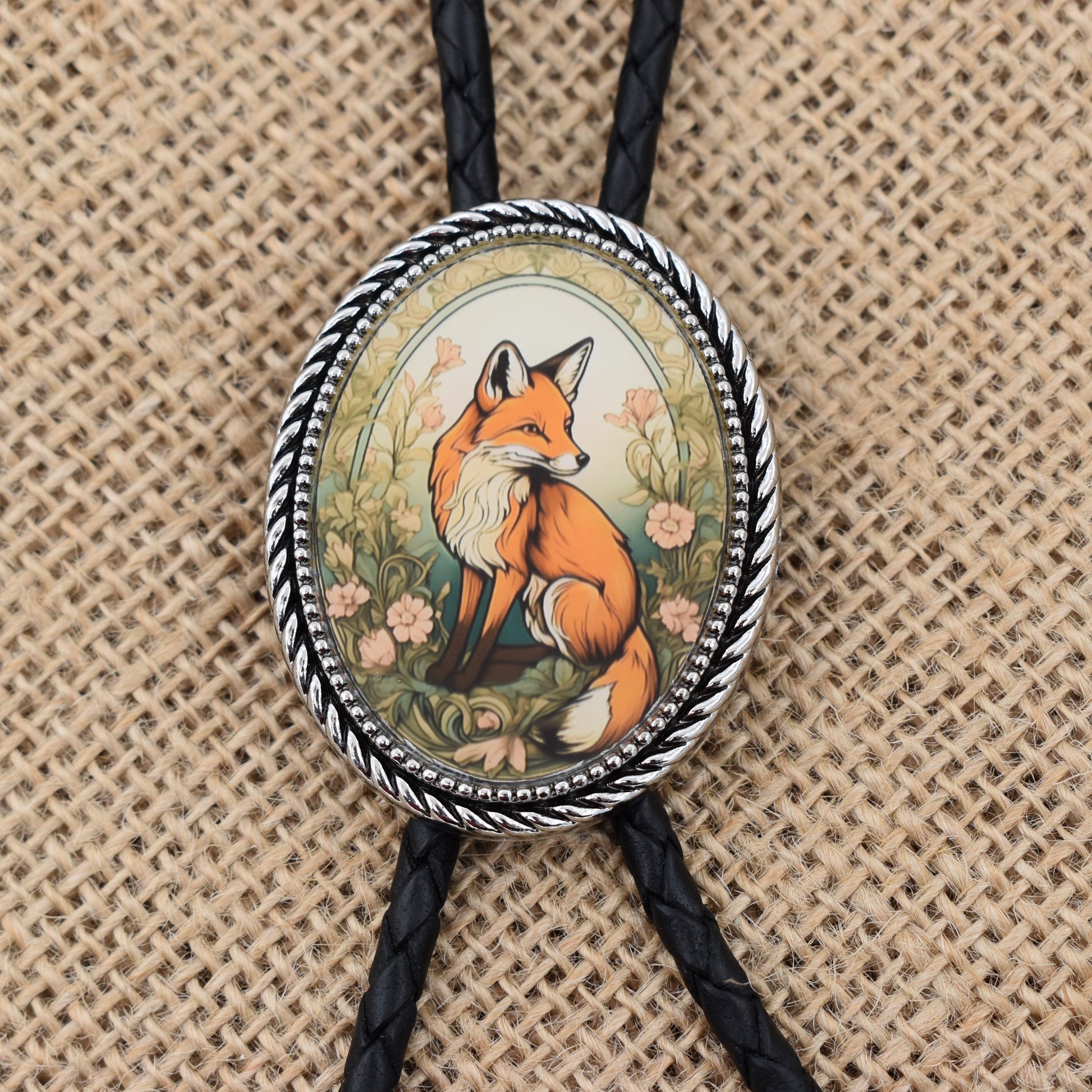 picture pendant,western wedding tie,handmade bolo tie,bola string bolo tie,mens bolo tie man,womens ladies bolo,custom personalized,black tie brown tie,red fox bolo tie,art noveau,fox jewelry,cute fox,cottagecore boho