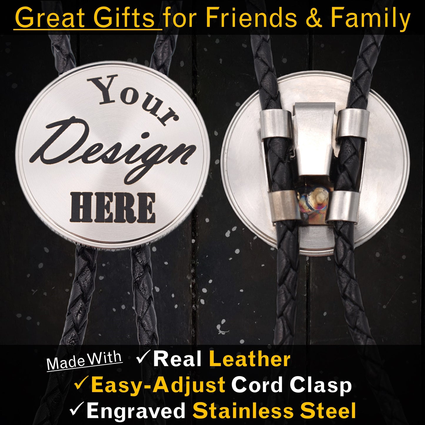 Custom Bolo Tie ~ Stainless Steel & Real Leather