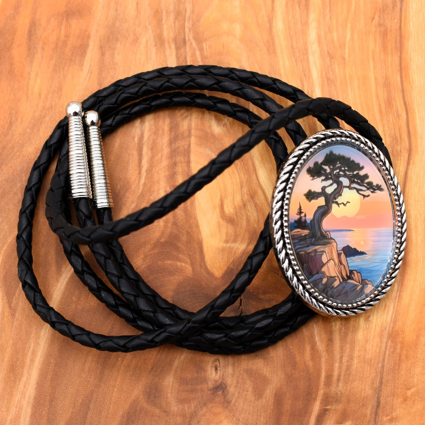 Bristlecone Pine Tree of Life Sunset Ocean Custom Cord Bolo Tie