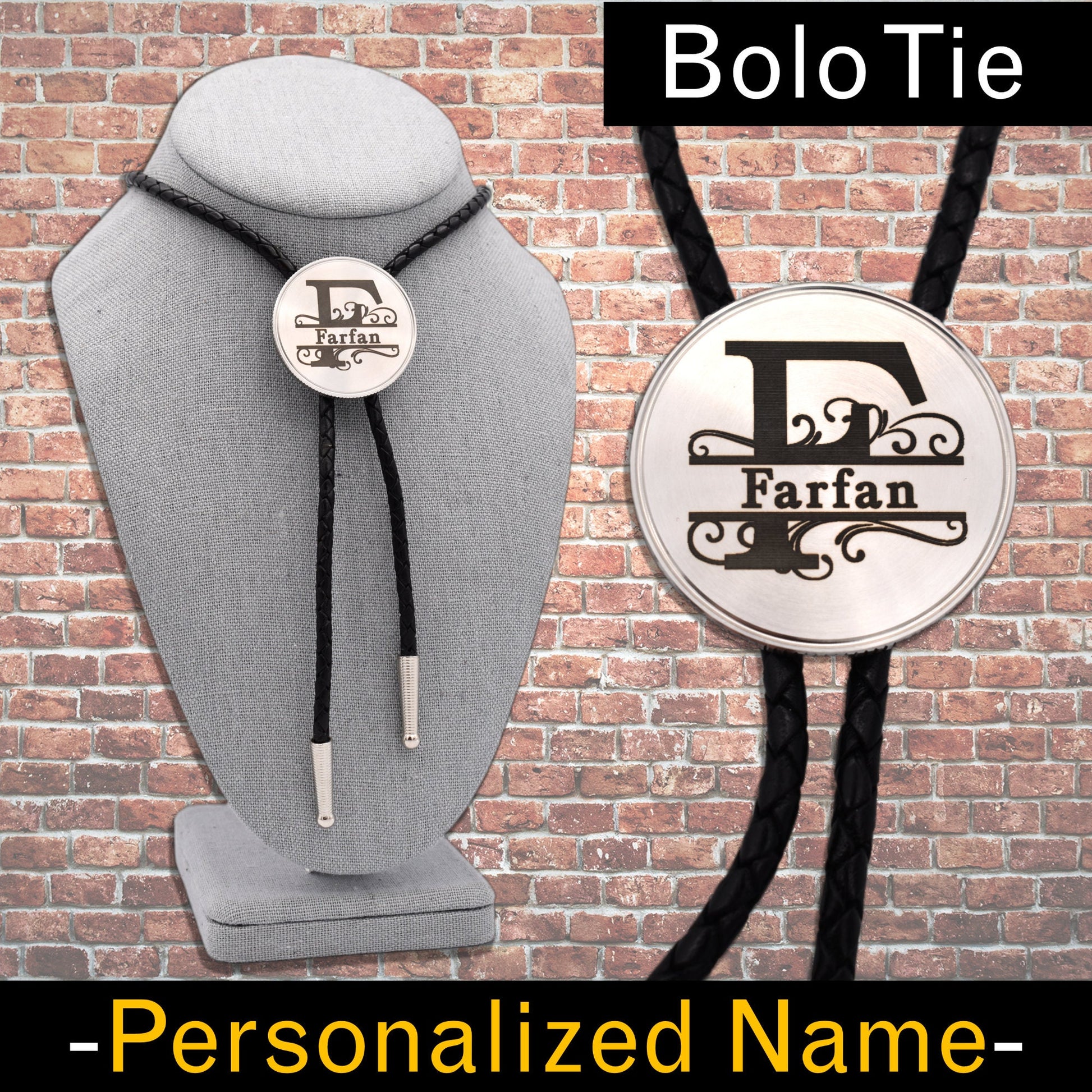 Cowboy wedding tie,custom bolo tie,handwriting jewelry,country wedding,split monogram bolo,personalized bolo,monogram letters,name initials,last name crest,bola string bolo tie,handmade bolo tie,Laser engraving,custom tie cufflinks