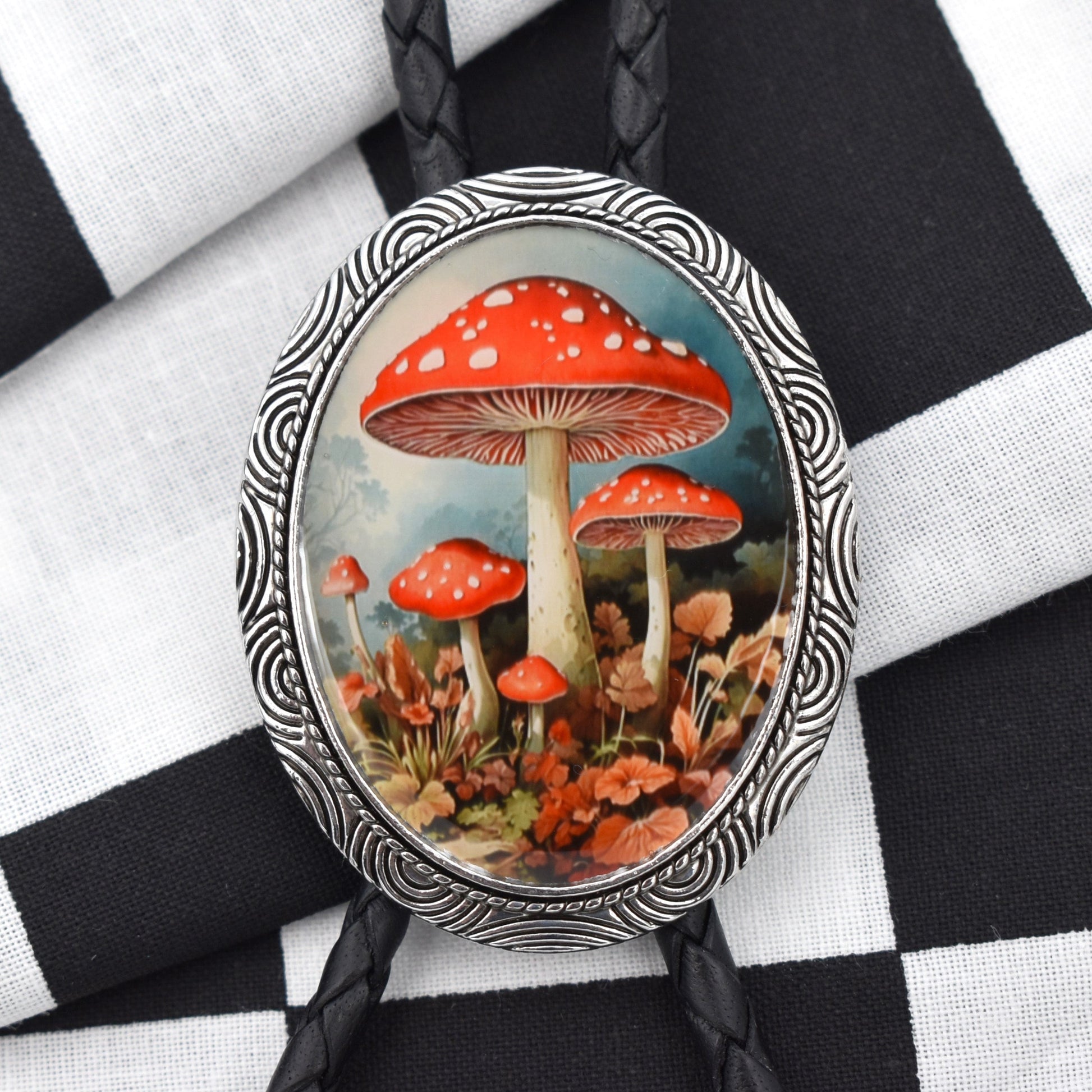 western wedding tie,handmade bolo tie,bola string bolo tie,western lariat bolo,mens bolo tie man,womens ladies bolo,custom personalized,black tie brown tie,magic mushrooms,mushroom bolo tie,amanita muscaria,shrooms bolo tie,hippie boho bolo