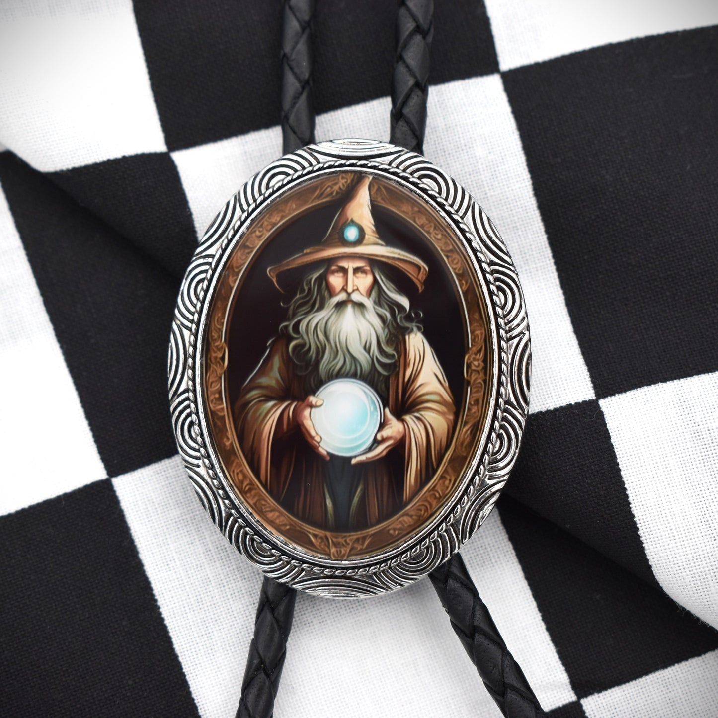 handmade bolo tie,mens bolo tie man,womens ladies bolo,custom personalized,magic mushrooms,cosplay bolo tie,magic wizard bolo,gandalf grey white,pointy wizard hat,crystal ball orb,tarot cards,potion bottle,magic vial spell jar