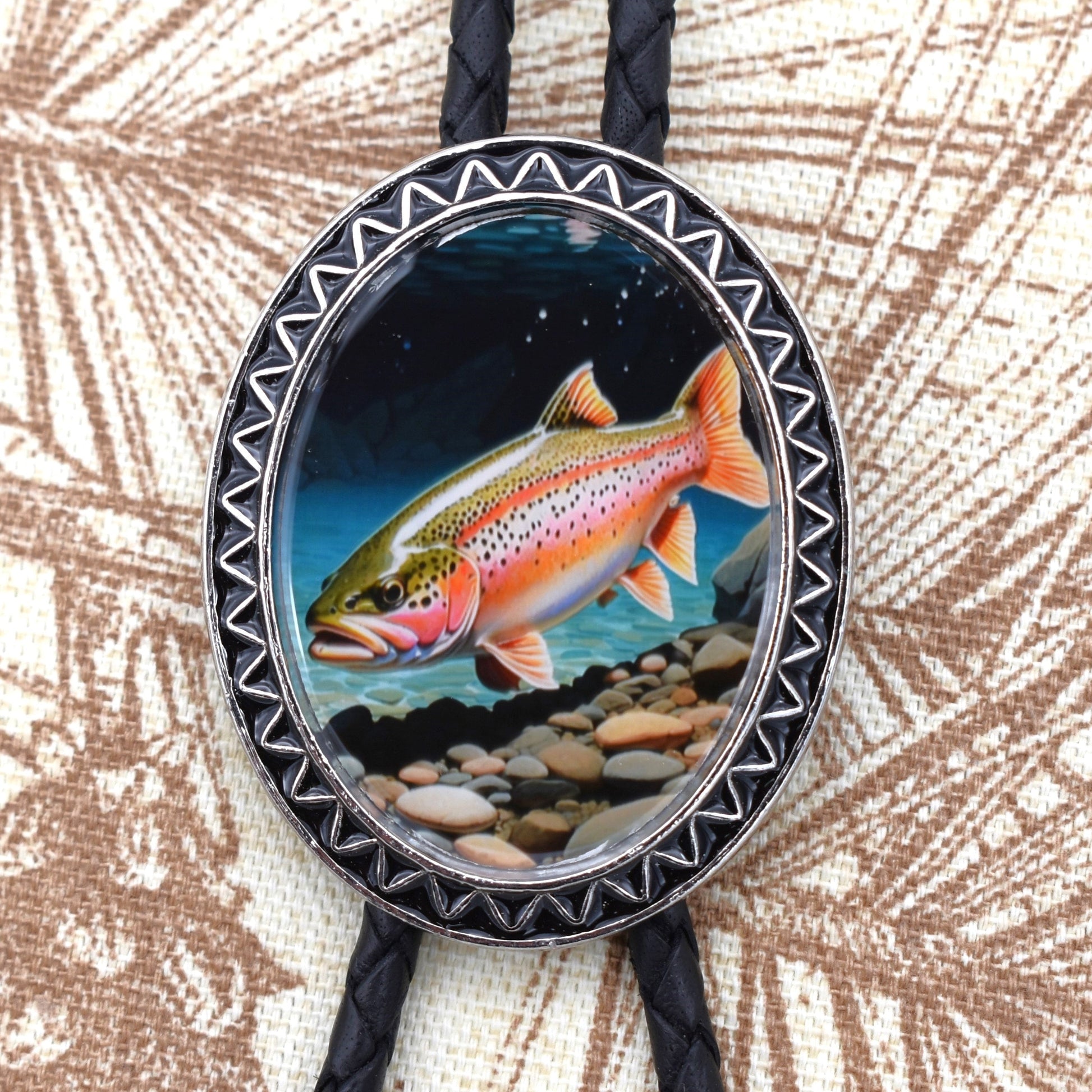 western wedding tie,handmade bolo tie,western lariat bolo,mens bolo tie man,womens ladies bolo,black tie brown tie,fishing belt buckle,fishing bolo tie,hook lure creel,rainbow trout bolo,trout bolo tie,fly fishing lure,brown trout brook