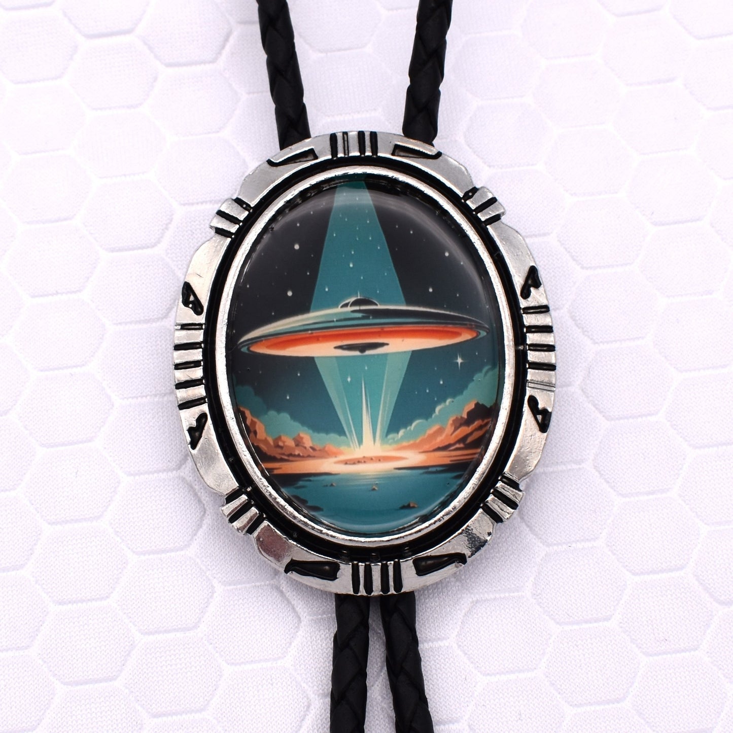 handmade bolo tie,mens bolo tie man,custom personalized,outer space planet,little green aliens,alien belt buckle,alien bolo tie,i want to believe,joe rogan UFO,UFO flying saucer,alternate universe,rick and morty,grateful dead head