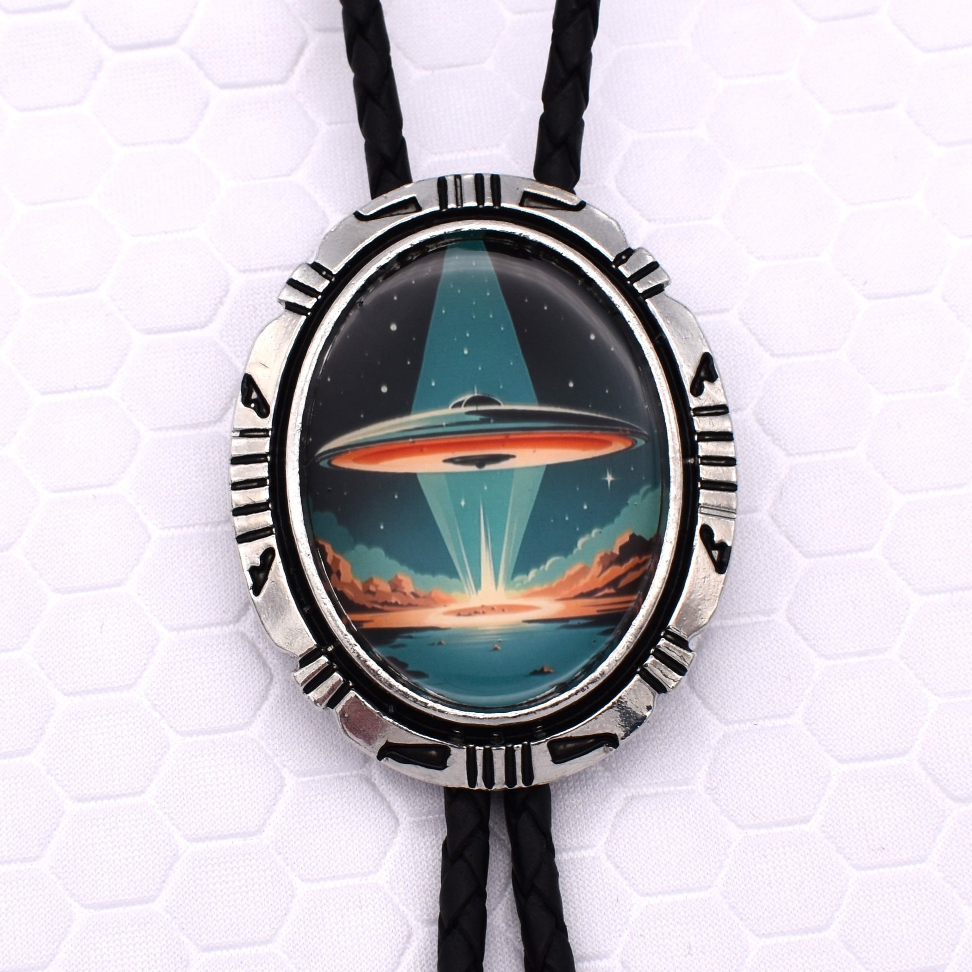 handmade bolo tie,mens bolo tie man,custom personalized,outer space planet,little green aliens,alien belt buckle,alien bolo tie,i want to believe,joe rogan UFO,UFO flying saucer,alternate universe,rick and morty,grateful dead head