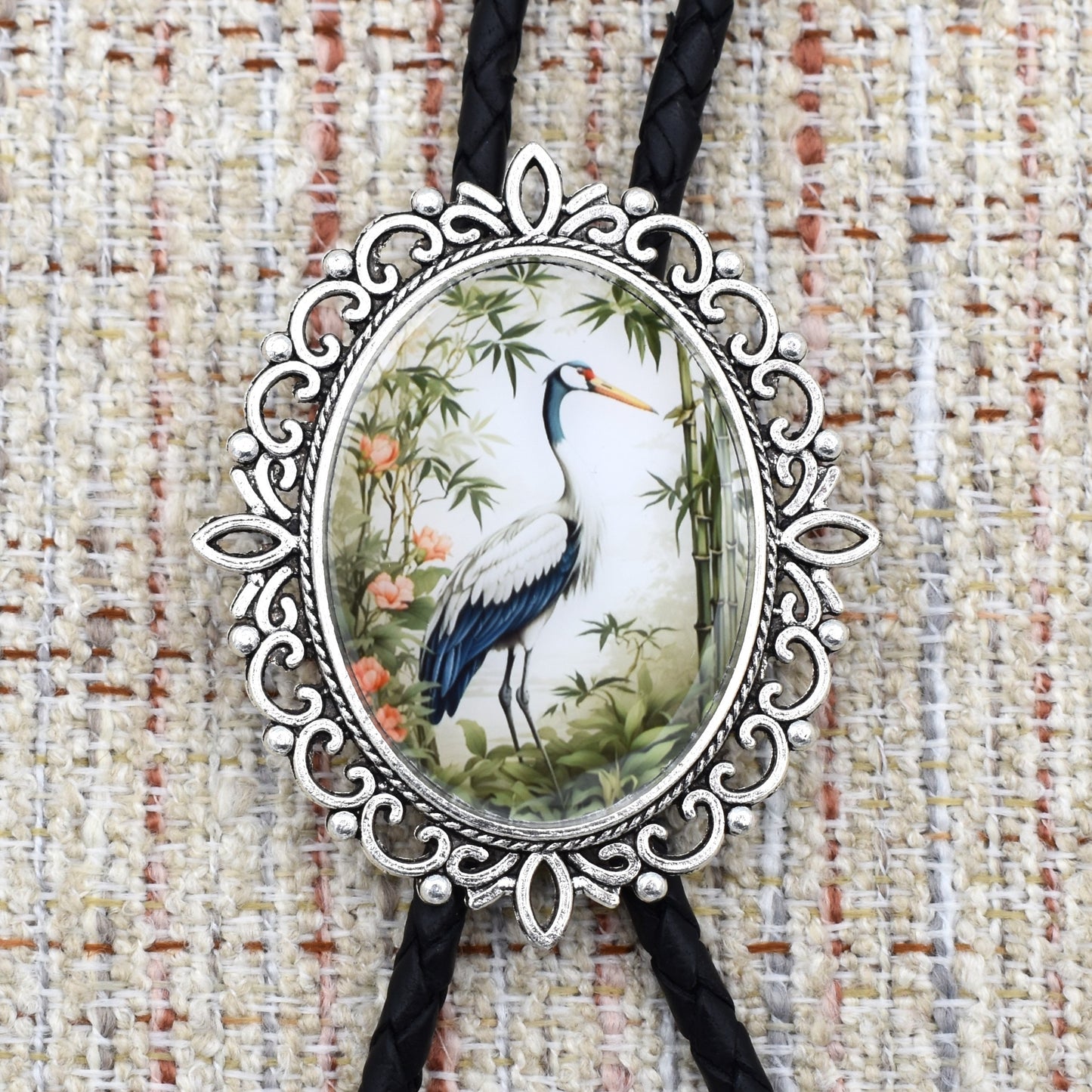 western wedding tie,handmade bolo tie,western lariat bolo,mens bolo tie man,womens ladies bolo,custom personalized,hippie boho bolo,asian art culture,bamboo temple,cherry tree blossom,panda bear,bamboo forest,crane bird bolo