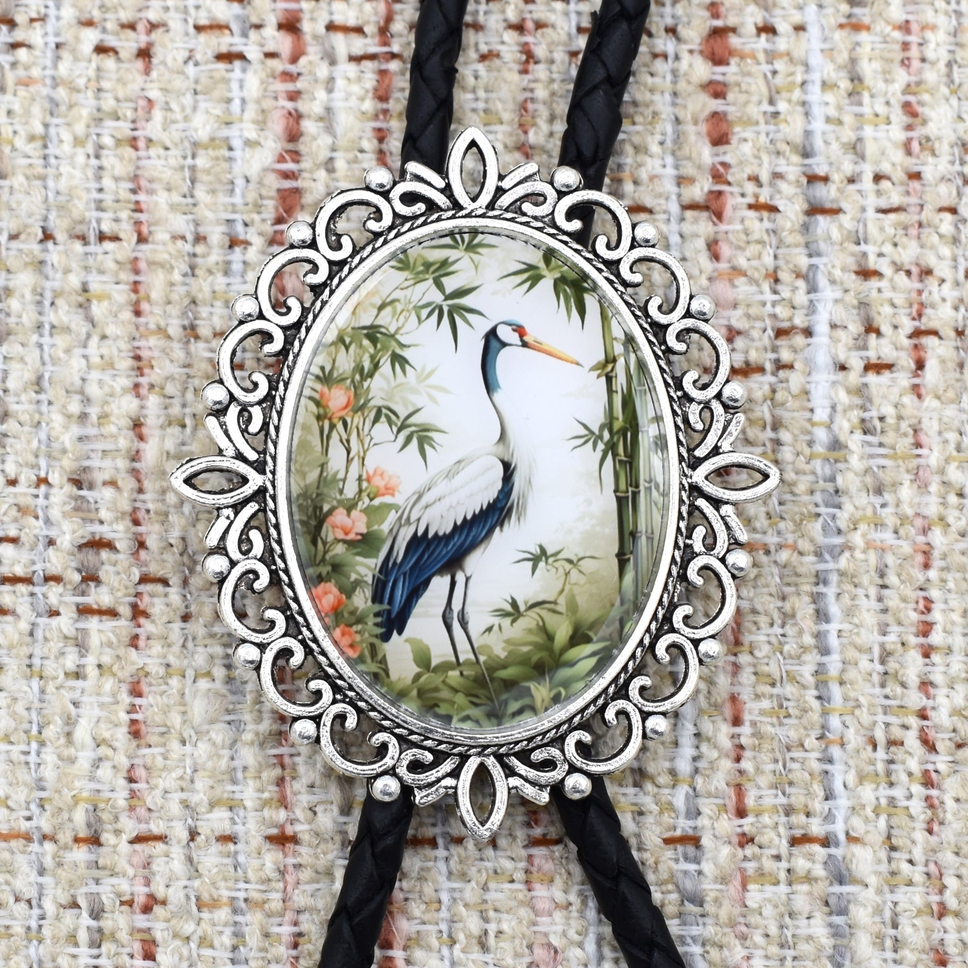 western wedding tie,handmade bolo tie,western lariat bolo,mens bolo tie man,womens ladies bolo,custom personalized,hippie boho bolo,asian art culture,bamboo temple,cherry tree blossom,panda bear,bamboo forest,crane bird bolo