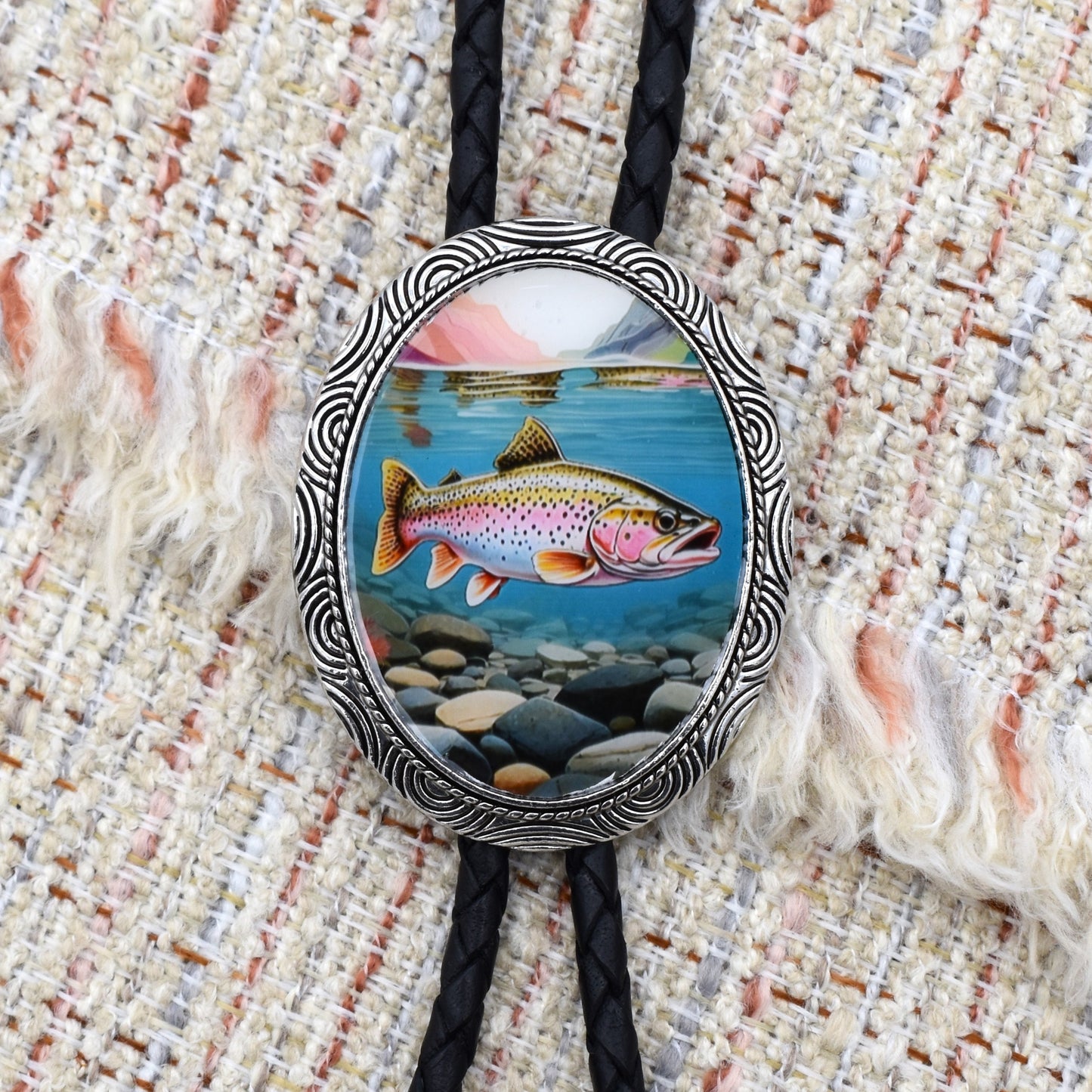 western wedding tie,handmade bolo tie,western lariat bolo,mens bolo tie man,womens ladies bolo,black tie brown tie,fishing belt buckle,fishing bolo tie,hook lure creel,rainbow trout bolo,trout bolo tie,fly fishing lure,brown trout brook