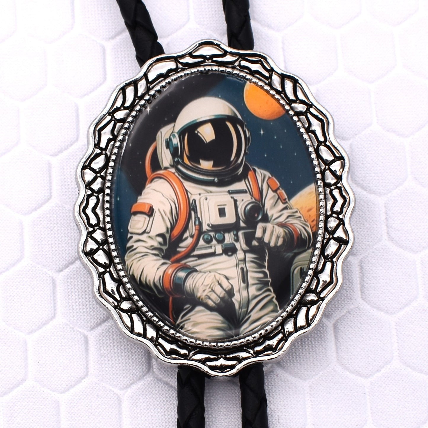 western wedding tie,handmade bolo tie,mens bolo tie man,womens ladies bolo,custom personalized,nasa bolo tie,spaceman suit,outer space planet,satellite shuttle,rocket ship,aeronautical engine,planet black hole,galaxy universe