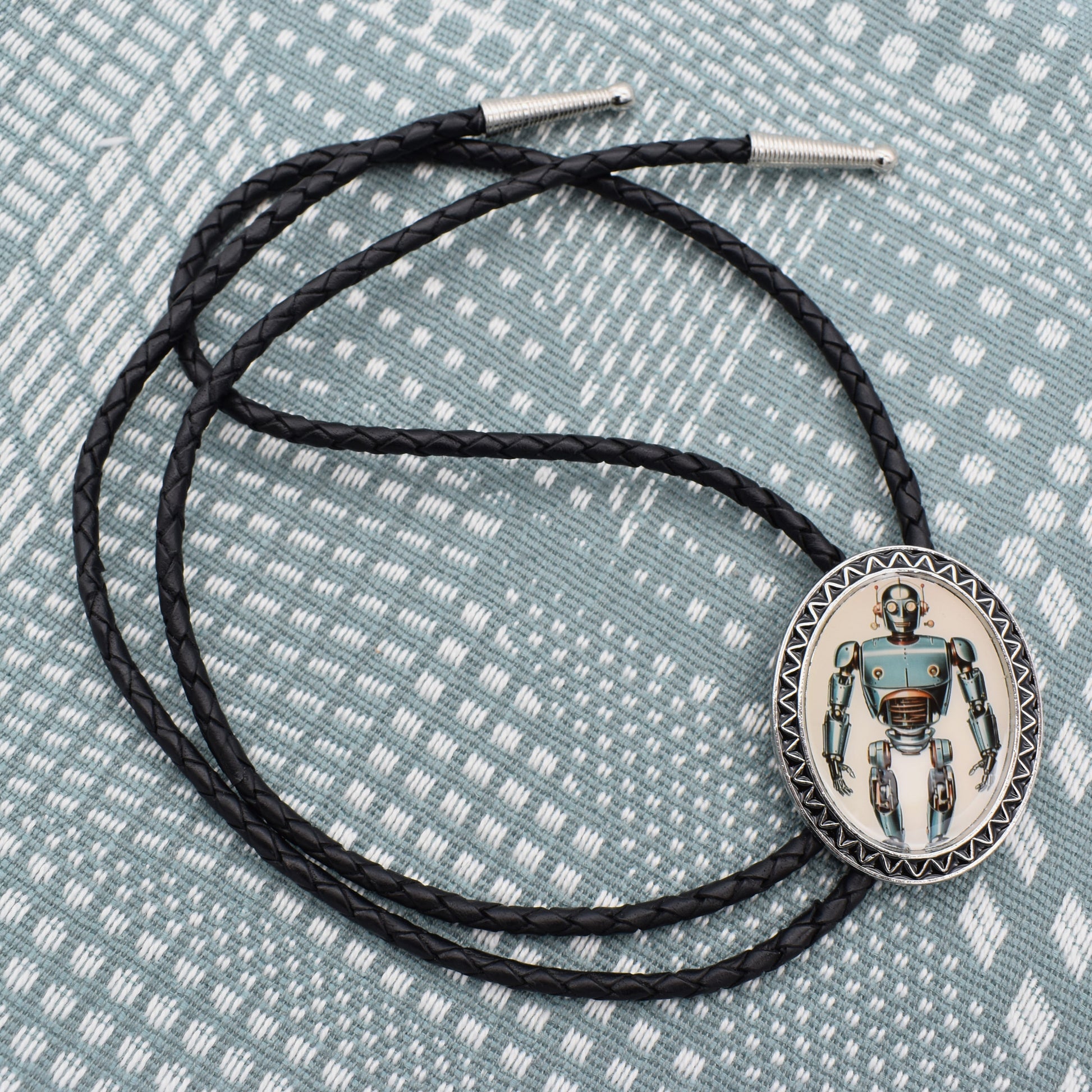 western wedding tie,handmade bolo tie,mens bolo tie man,womens ladies bolo,custom personalized,rocket ship,space age 60s,robot tin toy,science fiction,Asimov robotics,iron giant movie,steampunk bolo tie,irobot movie