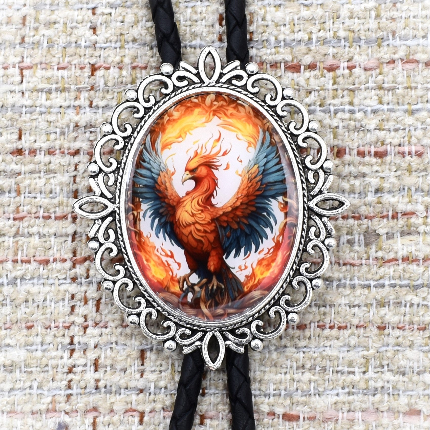 handmade bolo tie,bola string bolo tie,womens ladies bolo,fantasy cosplay,statement necklace,magic fantasy wizard,cosplay bolo tie,mythical creature,phoenix bird,rising from ashes,firebird phoenix,art noveau bolo,belt buckle