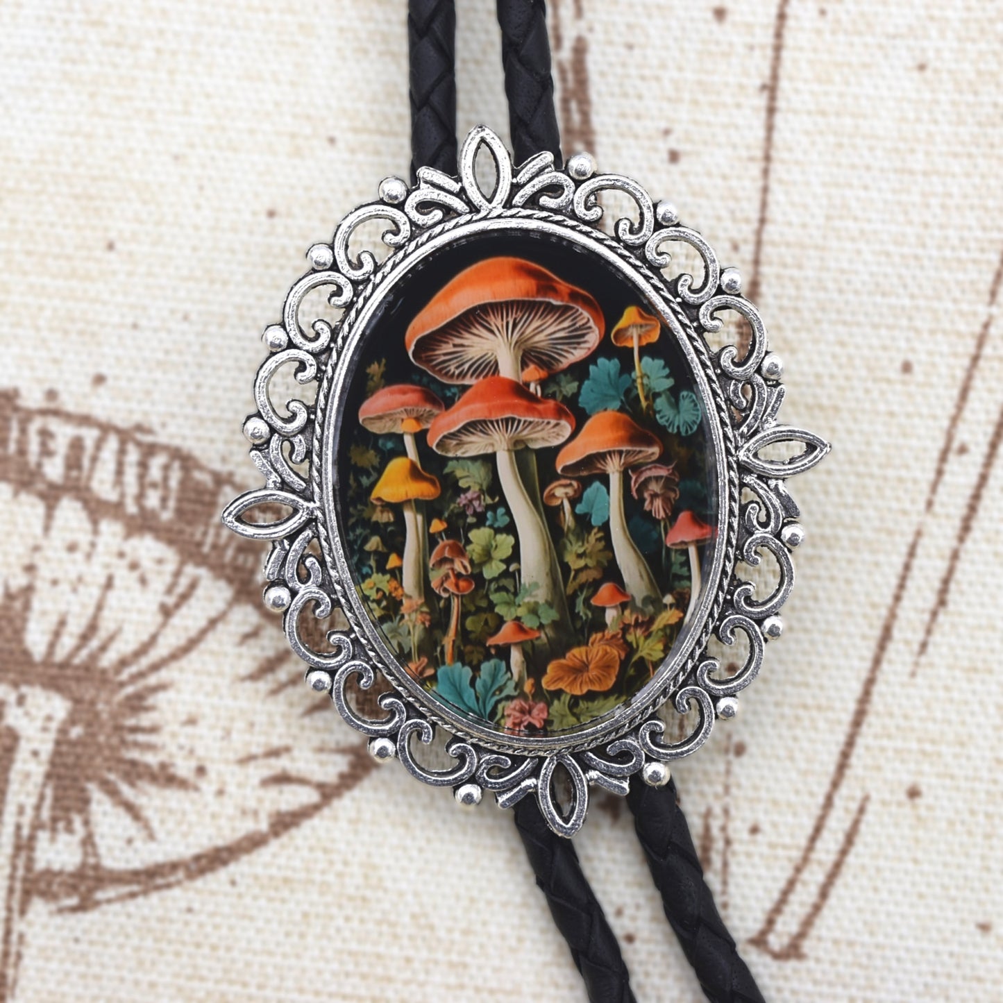 western wedding tie,bola string bolo tie,mens bolo tie man,womens ladies bolo,custom personalized,black tie brown tie,magic mushrooms,mushroom bolo tie,amanita muscaria,shrooms bolo tie,hippie boho bolo,cottagecore boho,necklace necktie