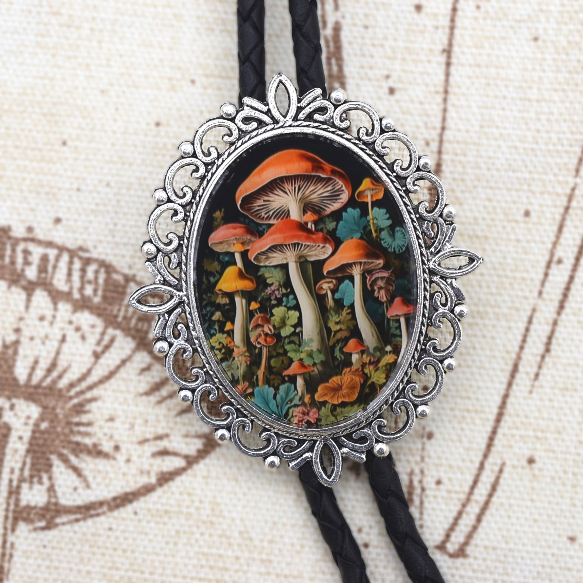 western wedding tie,bola string bolo tie,mens bolo tie man,womens ladies bolo,custom personalized,black tie brown tie,magic mushrooms,mushroom bolo tie,amanita muscaria,shrooms bolo tie,hippie boho bolo,cottagecore boho,necklace necktie