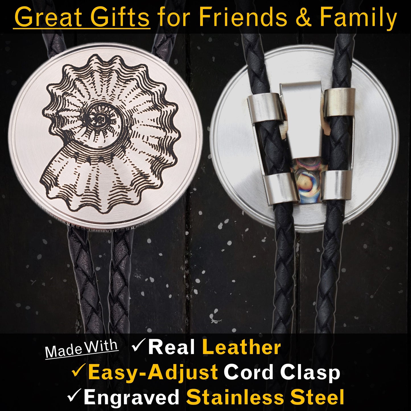 Ammonite Engraving Bolo Tie