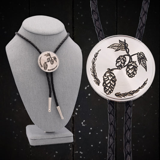 Bolo Tie,cowboy hat boots,oak leaf buckle,Cowboy wedding tie,master brewer,craft beer brewing,lone star beer,bottle opener buckle,beer bolo tie,bud light beer,coors light beer,hops plant buds,beer mug