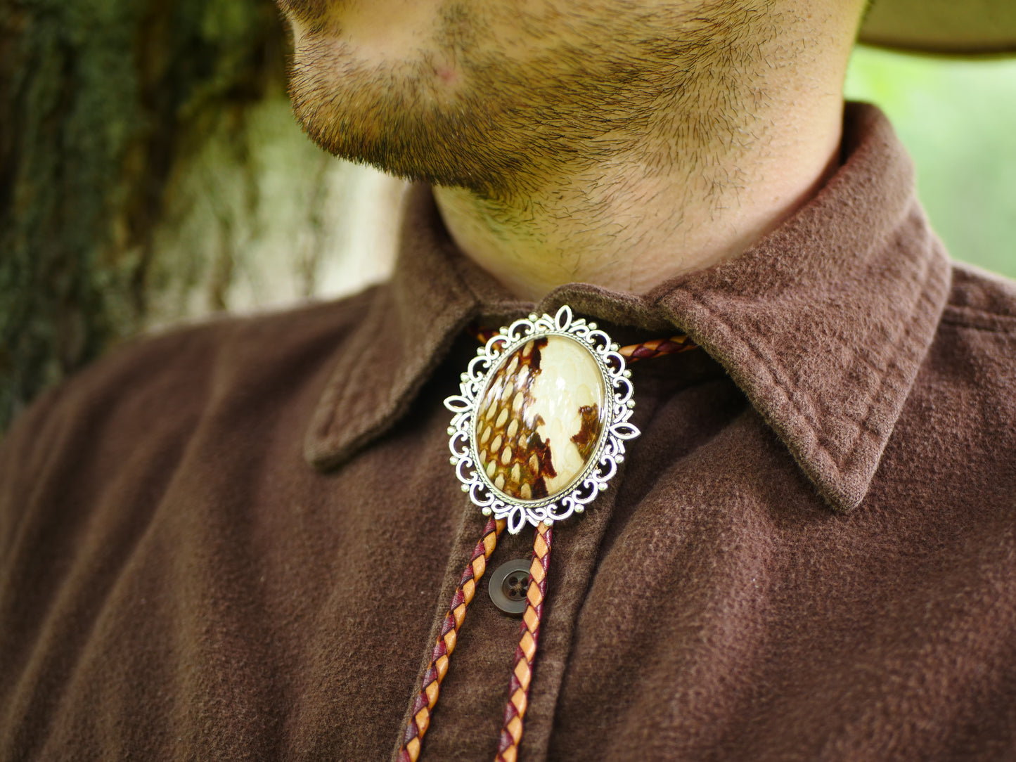 Snakeskin Bolo Tie | Brown & White Filigree