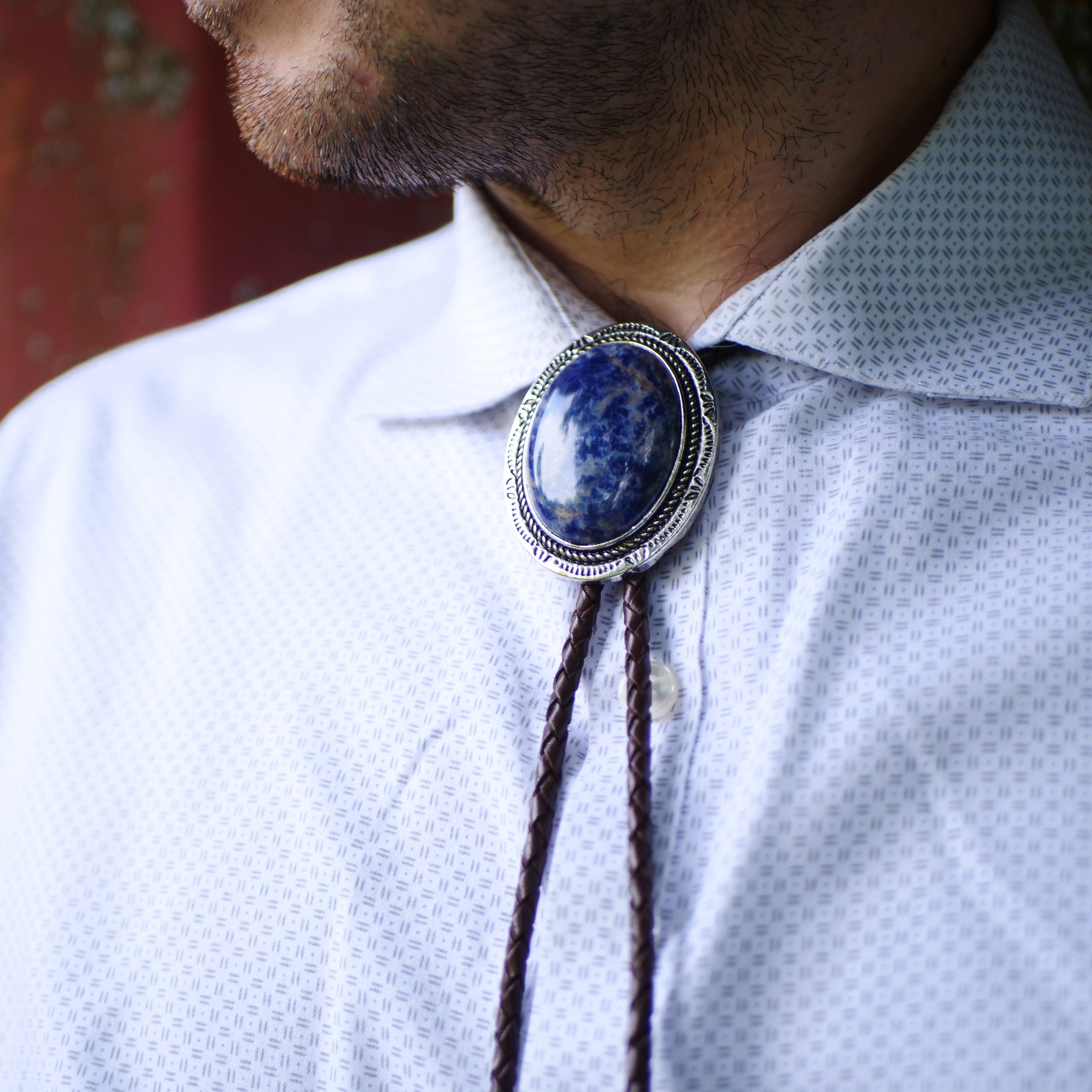 CUSTOM Sodalite Bolo Ties [Silver Gold hot Copper Black Brown Leather Vegan Western Cowboy Necktie Men Women Blue Stone Agate Wedding Bowtie]