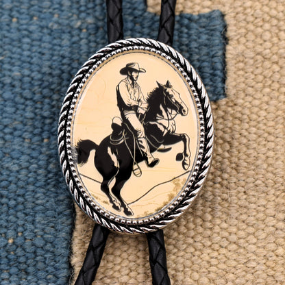 picture pendant,western wedding tie,handmade bolo tie,bola string bolo tie,western lariat bolo,mens bolo tie man,womens ladies bolo,custom personalized,black tie brown tie,cowboy bolo tie,horseback cowboy,saddle horse bolo,rodeo bull rider