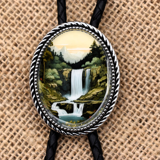 western wedding tie,handmade bolo tie,bola string bolo tie,western lariat bolo,mens bolo tie man,womens ladies bolo,custom personalized,black tie brown tie,boy scouts bolo,waterfall nature,trees woods forest,lake river stream,post malone bolo tie