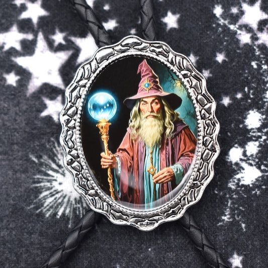 handmade bolo tie,mens bolo tie man,womens ladies bolo,custom personalized,black tie brown tie,cosplay bolo tie,magic wizard bolo,gandalf grey white,crystal ball orb,necklace earring,science fiction,gift for him her,scifi fantasy art