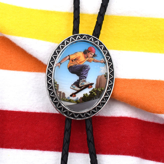 western wedding tie,handmade bolo tie,bola string bolo tie,mens bolo tie man,womens ladies bolo,custom personalized,black tie brown tie,skateboard bolo tie,cityscape urban,ollie trick,tech deck dudes,punk rocker skater,1990s alternative