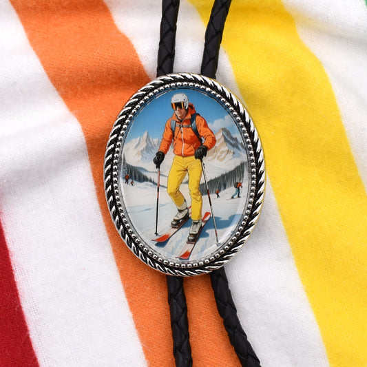 western wedding tie,handmade bolo tie,bola string bolo tie,mens bolo tie man,womens ladies bolo,custom personalized,black tie brown tie,1980s ski gear,vintage ski outfit,downhill ski resort,skiing belt buckle,holographic goggles,ski bolo tie