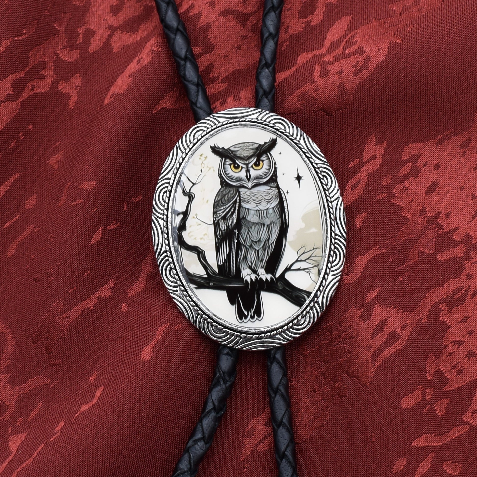 western wedding tie,handmade bolo tie,bola string bolo tie,mens bolo tie man,womens ladies bolo,custom personalized,hippie boho bolo,great horned owl,snowy owl,owl bolo tie,hawk falcon bird,starry night moon,raven crow bolo tie