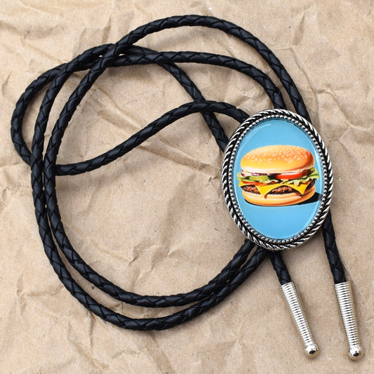 mens bolo tie man,fat guy fat girl,mcdonalds burger,burger belt buckle,fast food junk food,quarter pounder,french fries tie,cheeseburger tie,restaurant manager,barbeque grill dad,grilling accessories,waiter cook owner,custom grill apron