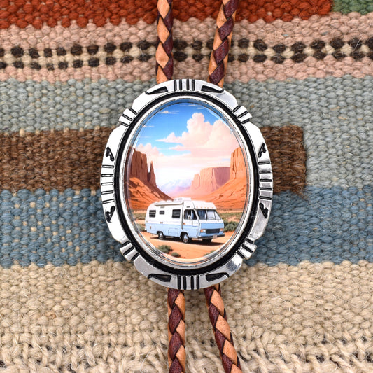 mens bolo tie man,gift for man,glamping accesory,camping camper,motorhome park,mobile home park,campground manager,arizona new mexico,route 66 tie,motorhome road trip,RV camper top,motorhome tie,camper van sleeper