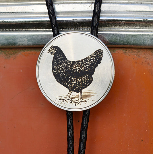 Bolo Tie,hat shirt mug,rancher cattle farm,baby chick chicken,chicken farmer,chicken lady shirt,sticker pin brooch,pendant necklace,barred rock chicken,plymouth rock,Cowboy wedding tie,cowgirl bolo tie,bolo for women